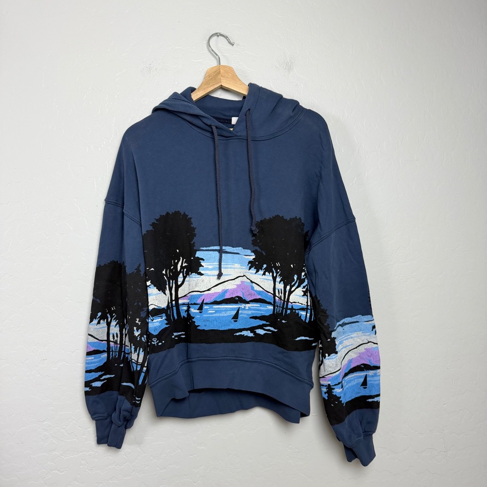 Letluv Anthropologie Nature Graphic Hoodie Blue XS Mountain Sailboat Sweatshirt